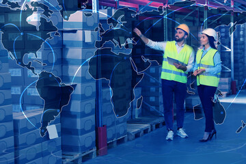 Worldwide logistics. Manager and worker at warehouse and illustration of map