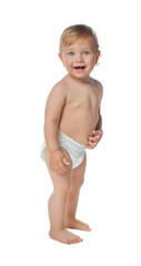 Cute baby in diaper learning to walk on white background