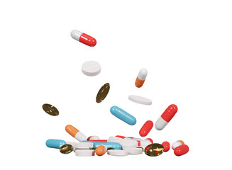 Colourfull flying pills isolated on white background. Medicines, tablets and pharmacy. Cut out. Health, healthcare concept. 3d rendering.