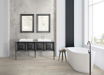 Huge Master Bethroom. Modern bathroom interior with wooden decor in eco style. 3D Render