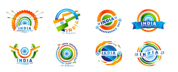 Logo Independence Day of India 15 th august. Sticker set, typography set , elements and decoration - obrazy, fototapety, plakaty