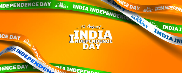 Happy Independence Day of India 15 august. Strip text typography combined in a shape of ribbon and text with paper art and craft style