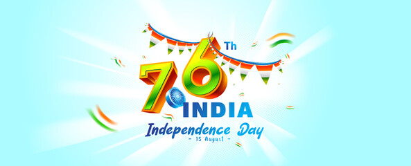 76 years happy independence day of India 15 th august celebration with festive flag use for banner, template, and web - obrazy, fototapety, plakaty