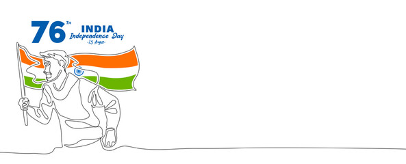 independence day of India 15 august celebration, young man running with Indian flag in continuous line art style