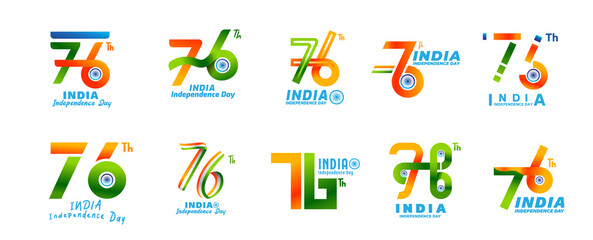 76 th Logo Independence Day of India 15 th august. Sticker set, typography set , elements and decoration - obrazy, fototapety, plakaty