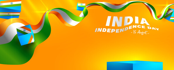 independence day of India 15 august with pedestal podium display. Use for banner, web,space text, poster, greeting card and ads - obrazy, fototapety, plakaty