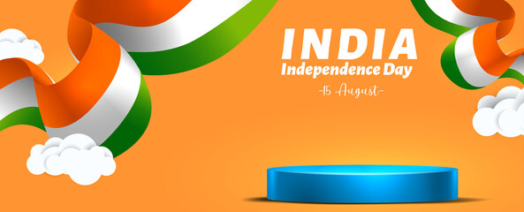independence day of India 15 august with pedestal podium display. Use for banner, web,space text, poster, greeting card and ads - obrazy, fototapety, plakaty