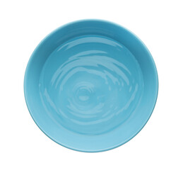 Blue ceramic bowl with clear water isolated on white, top view