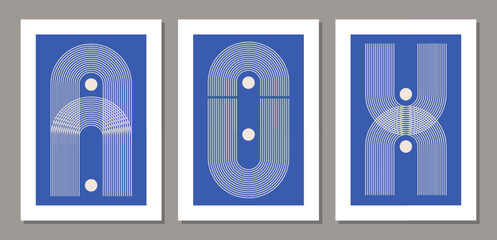 Set of minimal 20s geometric design posters with primitive shapes