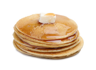 Tasty pancakes with butter and honey on white background