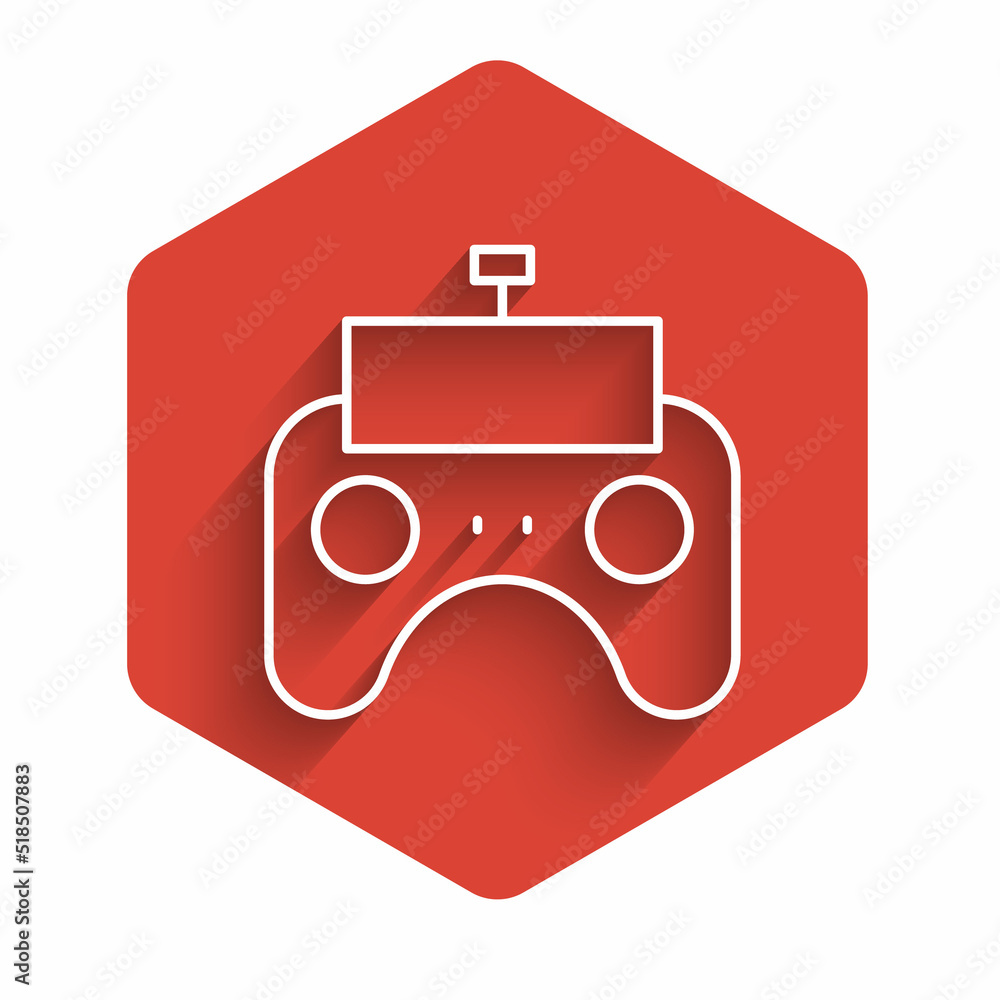 Poster white line remote control icon isolated with long shadow. red hexagon button. vector