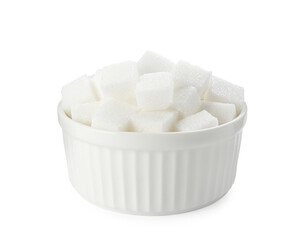 Bowl of sugar cubes isolated on white