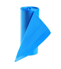 Roll of turquoise garbage bags on white background. Cleaning supplies