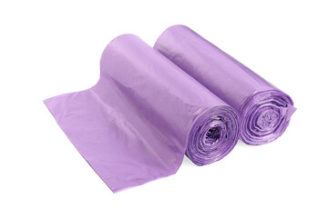 Rolls of violet garbage bags on white background. Cleaning supplies