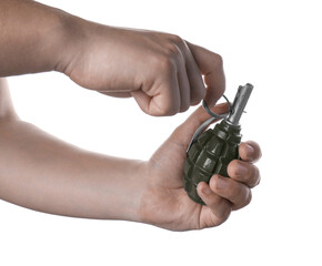 Man pulling safety pin out of hand grenade on white background, closeup