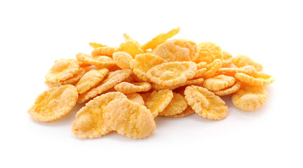Pile of tasty corn flakes on white background