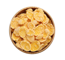Bowl of tasty corn flakes isolated on white, top view