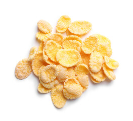 Heap of tasty crispy corn flakes isolated on white, top view