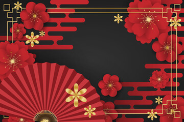 Chinese festival banner design with folding fans with golden frame and red flowers on black background for your copy space.