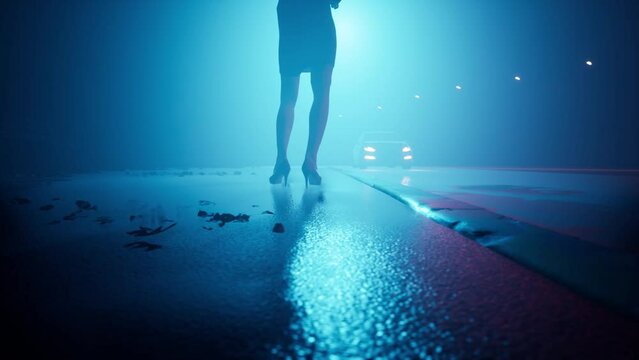 A lady of easy virtue stands near the highway, waiting for a client. The concept of the problem of prostitution, human trafficking and AIDS.