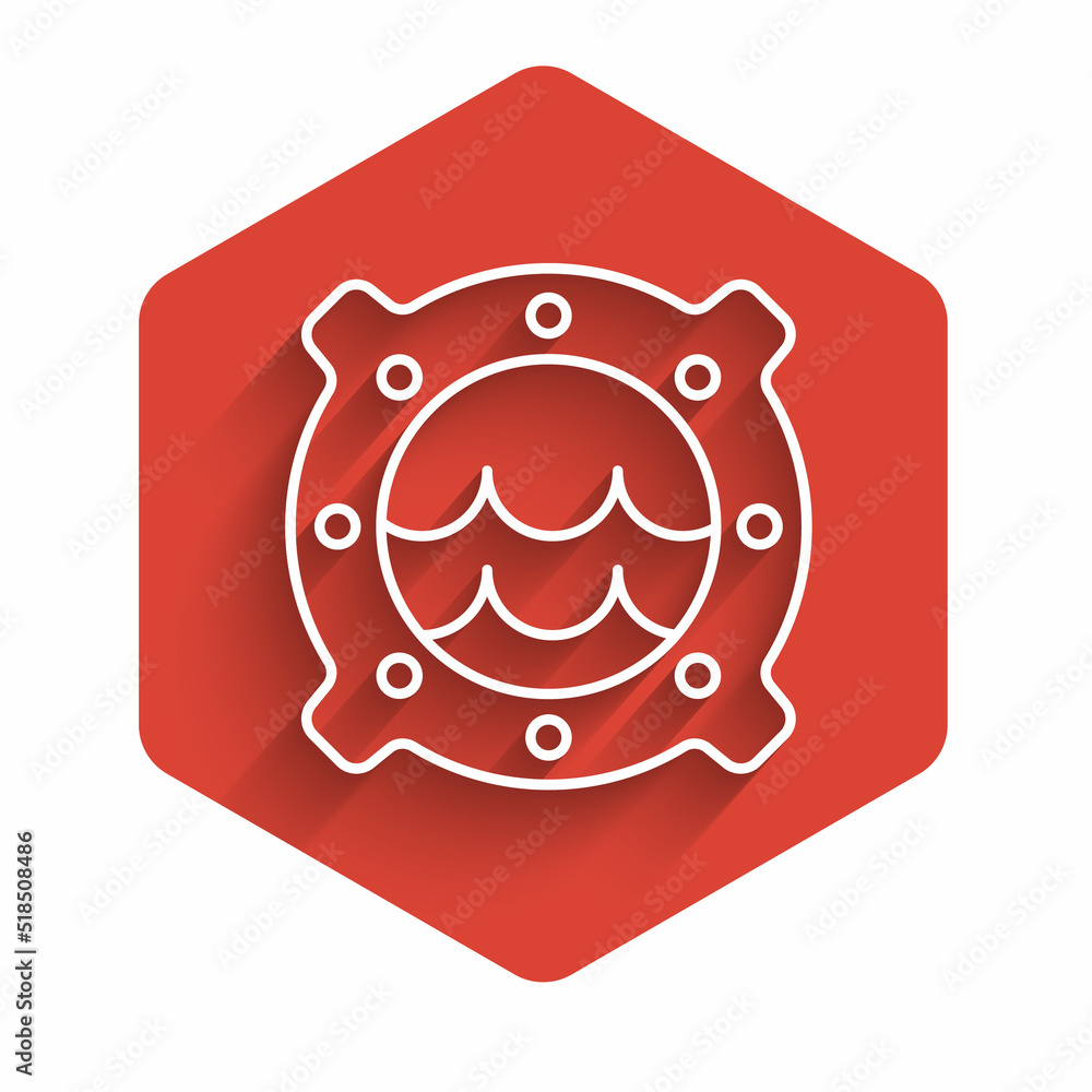 Poster white line ship porthole with rivets and seascape outside icon isolated with long shadow background.