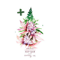 Cannabis branch sativa watercolor illustration. Medical marijuana. Plant of love in pink colors. Botanical illustration, ganja.
