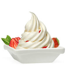 Vanilla frozen yogurt or soft ice cream with strawberries in bowl cup, dish or plate isolated on...