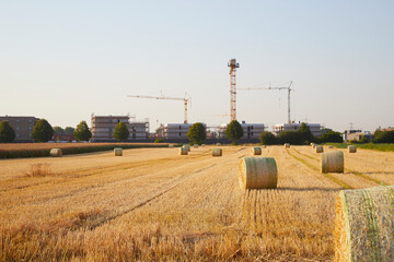 hay bundes on a harvested wheat field in the foreground construction works for family houses in the background. symbol for new houses nearby countryside