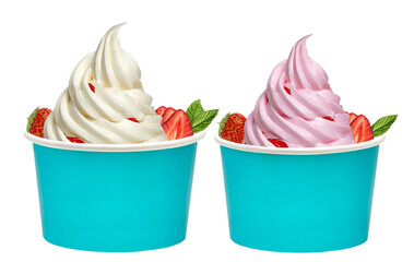 Strawberry frozen yogurt or soft ice cream with strawberries in blank disposable paper or carton cup mockup or mock up template isolated on white background including clipping path.	
