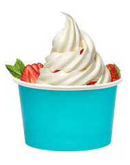 Strawberry frozen yogurt or soft ice cream with strawberries in blank disposable paper or carton cup mockup or mock up template isolated on white background including clipping path.	