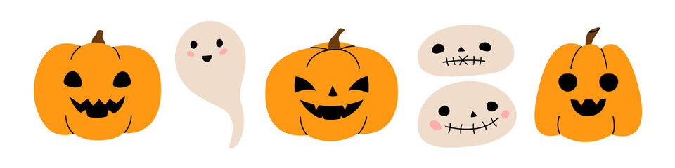 Set of orange pumpkins, ghosts and voodoo doll heads for Halloween. Creepy cartoon characters. Cute funny monsters with different emotions. Vector illustration.
