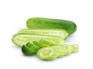 Isolated cucumbers. One fresh raw cucumber with slices (cut) isolated on white, with clipping path