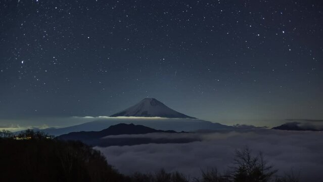 大月市大蔵高丸から富士山と冬の星空Timelapse