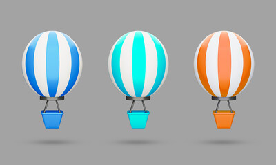 Hot air balloon 3d icon set. Travel concept template design. 3d rendered illustration.