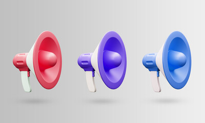Megaphone 3D icon set. Loudspeaker 3D symbol. Announcement speaker. hand speaker symbol. Marketing time concept. 3d rendered illustration. 