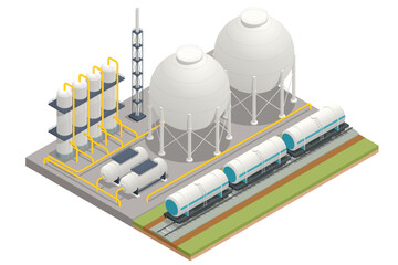 Isometric Gas storage tanks. White spherical propane tanks. Containing fuel gas pipeline.
