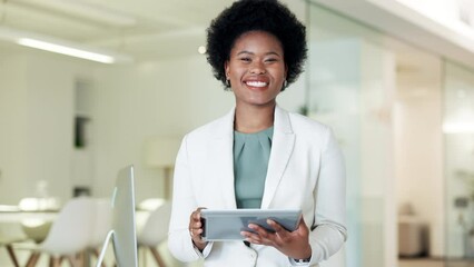 Confident Financial Advisor holding a digital tablet showing friendly facial expression or trust and looking forward in an accounting firm. Portrait of professional advisor ready to help or assist