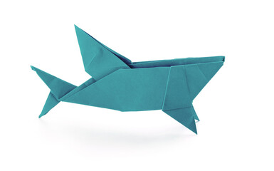 Fototapeta na wymiar Blue paper shark origami isolated on a white background