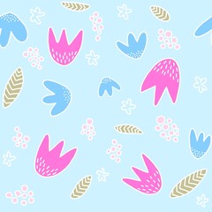 Hand drawn doodle simple floral seamless pattern in spring colours.