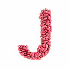 Capital letter J from red kidney beans. Beans font. White background. Bright font for menu or food blog. Lettering design element. Initial cap