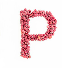 Capital letter P from red kidney beans. Beans font. White background. Bright font for menu or food blog. Lettering design element. Initial cap