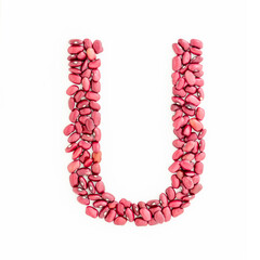 Capital letter U from red kidney beans. Beans font. White background. Bright font for menu or food blog. Lettering design element. Initial cap