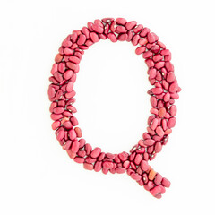 Capital letter Q from red kidney beans. Beans font. White background. Bright font for menu or food blog. Lettering design element. Initial cap