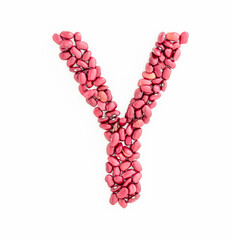 Capital letter Y from red kidney beans. Beans font. White background. Bright font for menu or food blog. Lettering design element. Initial cap