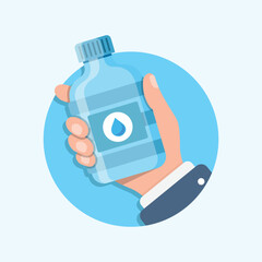 Water bottle in hand icon in flat style. Fitness drink vector illustration on isolated background. Healthy beverage sign business concept.