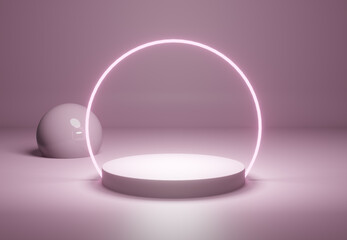 Illuminated pedestal with decoration in pink, mock up template concept, 3d rendering