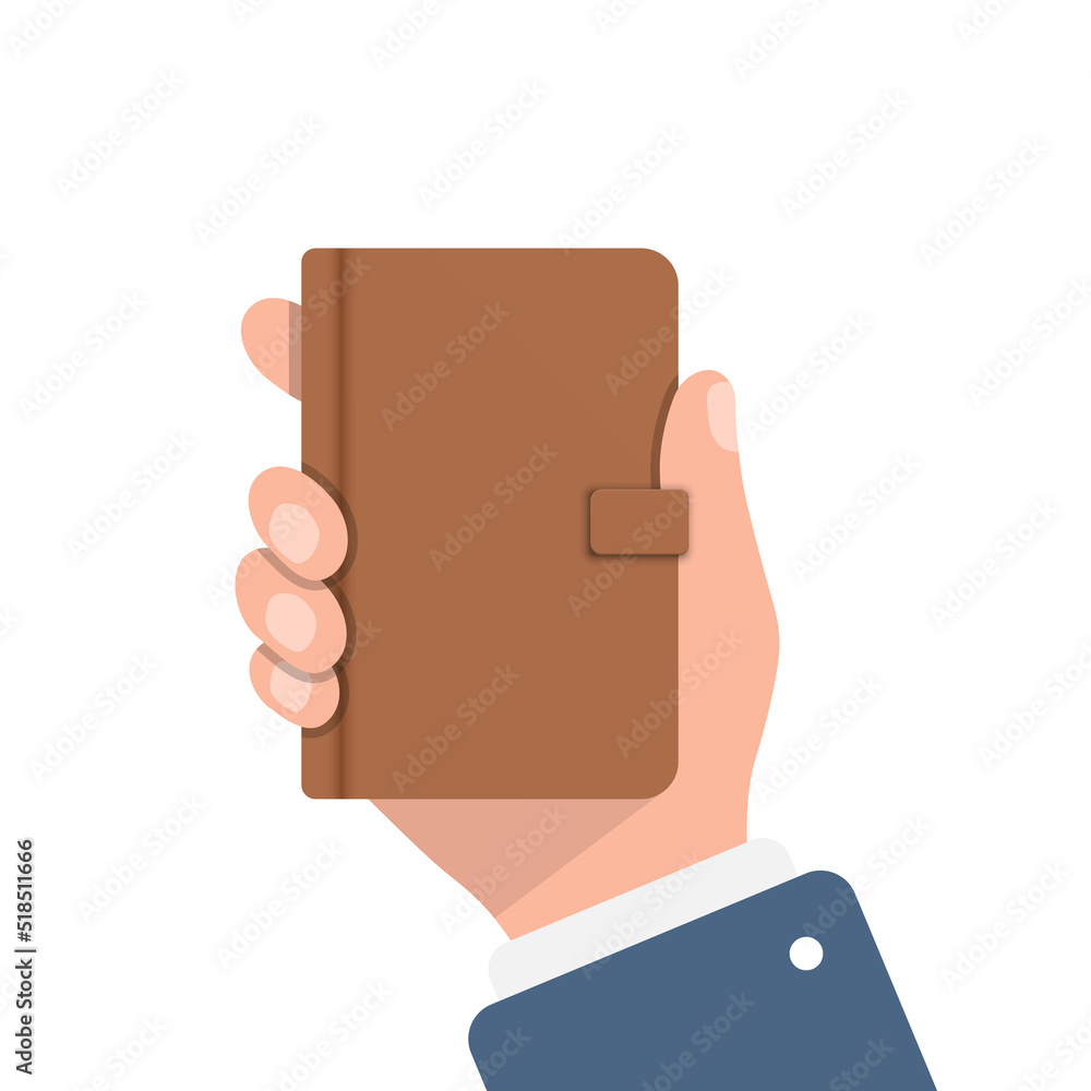 Poster diary in hand illustration in flat style. notebook vector illustration on isolated background. notep