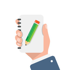 Diary in hand illustration in flat style. Notebook vector illustration on isolated background. Notepad sign business concept.