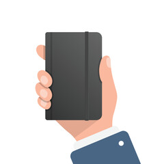 Diary in hand illustration in flat style. Notebook vector illustration on isolated background. Notepad sign business concept.