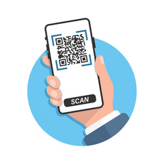 QR code scan illustration in flat style. Mobile phone scanning vector illustration on isolated background. Barcode reader in hand sign business concept.